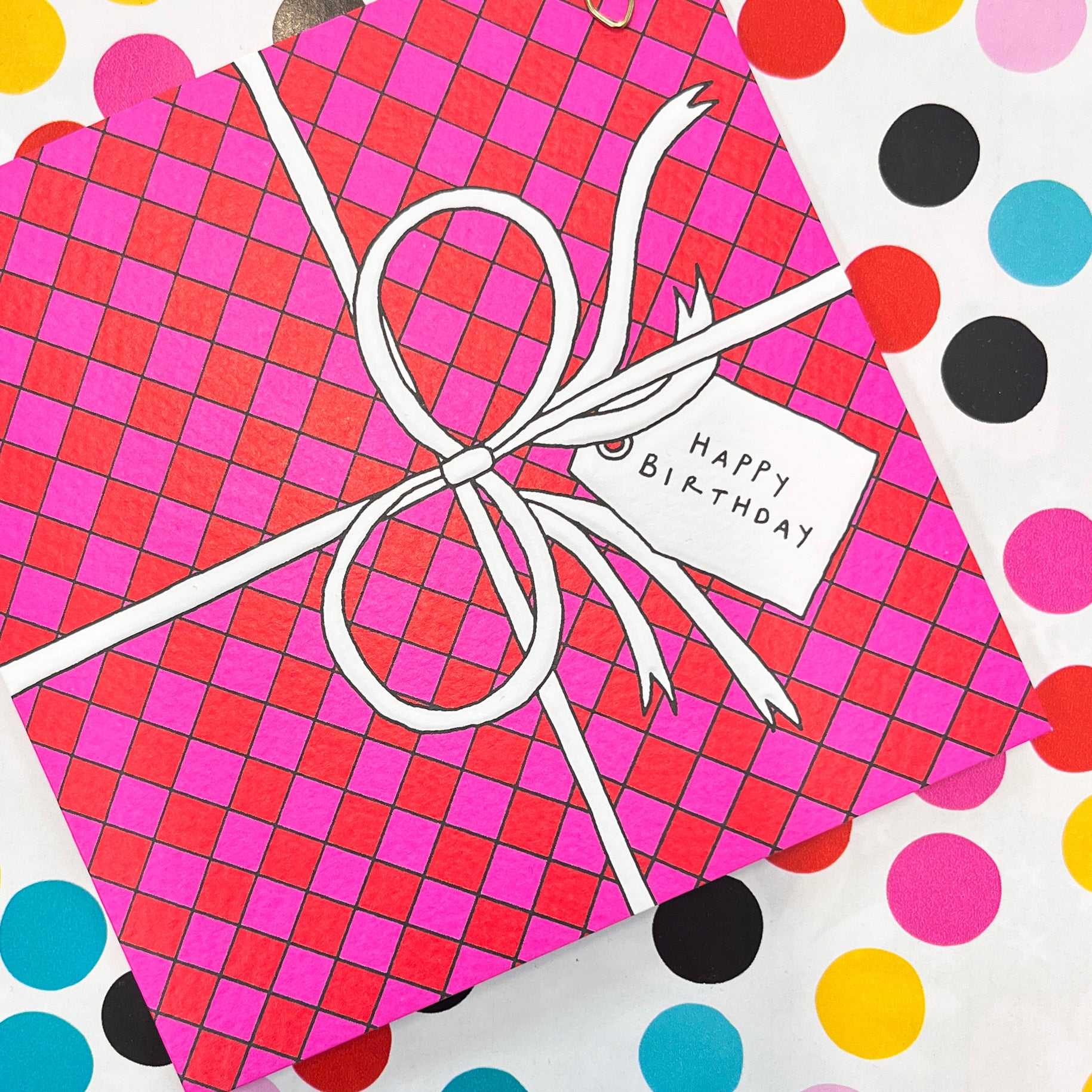 Scatter Brain - Happy Birthday/Big Pink & Red Checkerboard Present Birthday Card