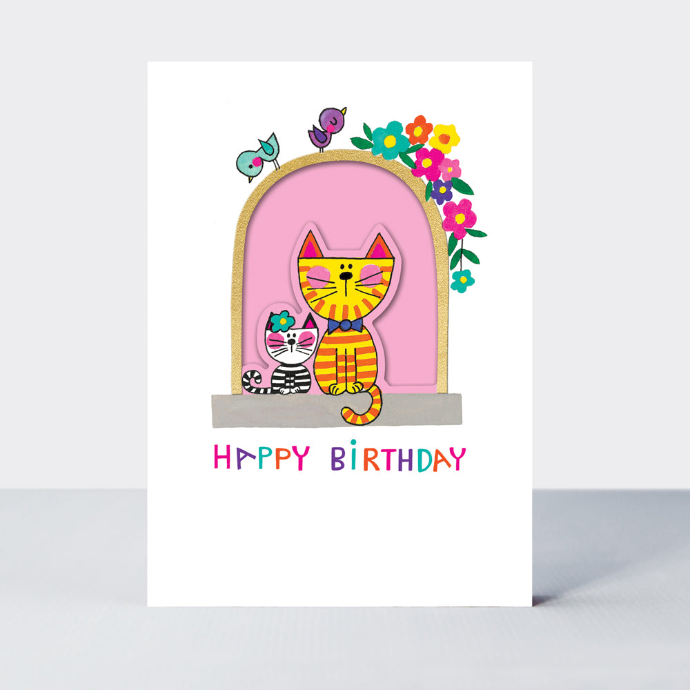 Wholesale birthday card featuring cats in a window design by Rachel Ellen Designs