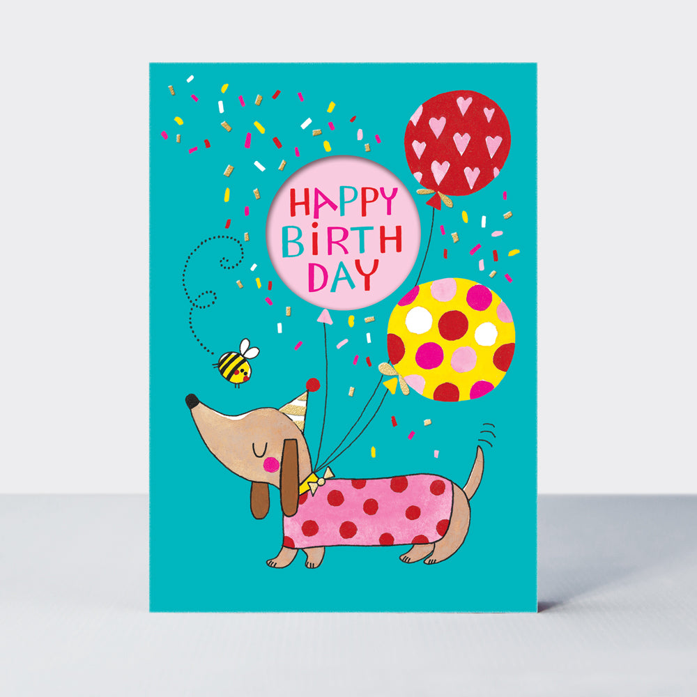 Wholesale birthday card featuring a dog and balloons design by Rachel Ellen Designs