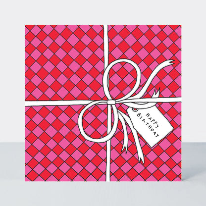 Scatter Brain - Happy Birthday/Big Pink &amp; Red Checkerboard Present Birthday Card