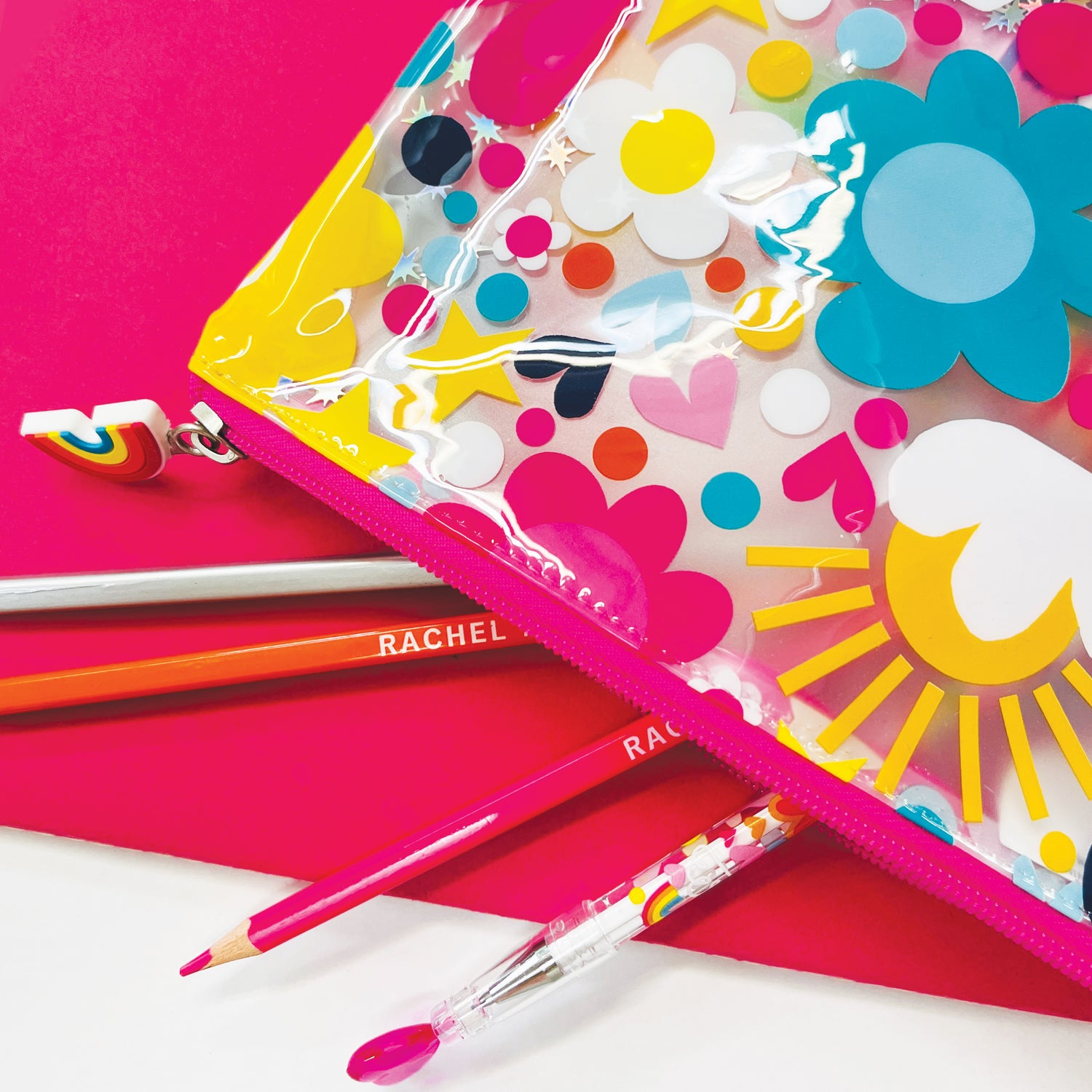Clear PVC Pencil Case - Flowers, Hearts &amp; Stars