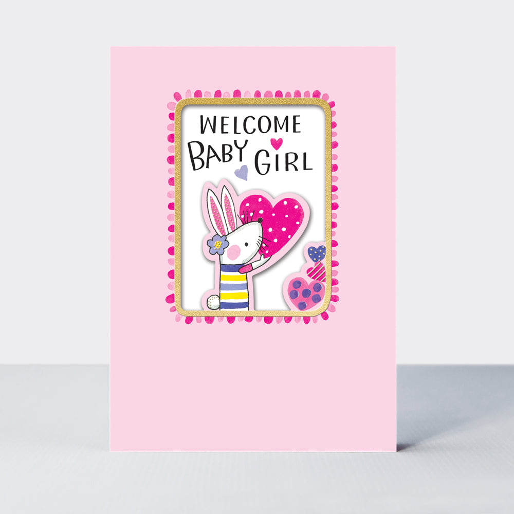 Wholesale new baby girl card featuring a rabbit design by Rachel Ellen Designs