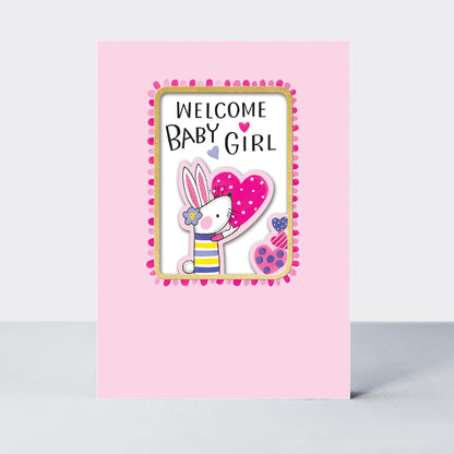 Wholesale new baby girl card featuring a rabbit design by Rachel Ellen Designs