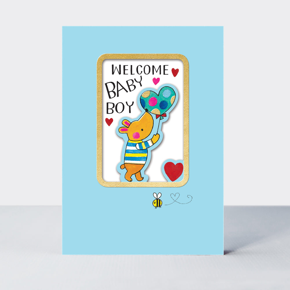 Wholesale new baby boy card featuring a bear design by Rachel Ellen Designs