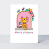 Wholesale birthday card featuring cats in a window design by Rachel Ellen Designs
