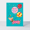 Wholesale birthday card featuring a dog and balloons design by Rachel Ellen Designs