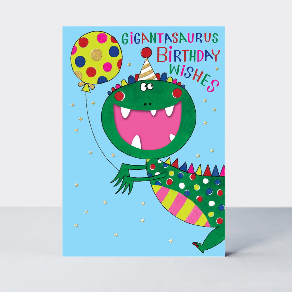 Wholesale Gigantasaurus birthday card featuring a dinosaur design by Rachel Ellen Designs