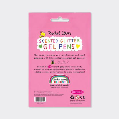 The back of a pink retail card for Rachel Ellen Designs Scented Glitter Gel Pens, featuring product details, branding, and a barcode.