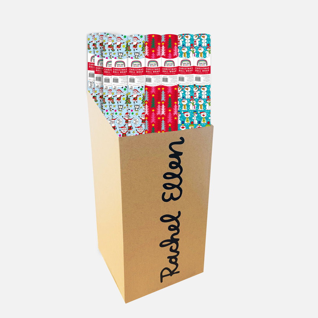 36 rolls of Christmas wrap (12 each of 3 designs) supplied in a retail bin