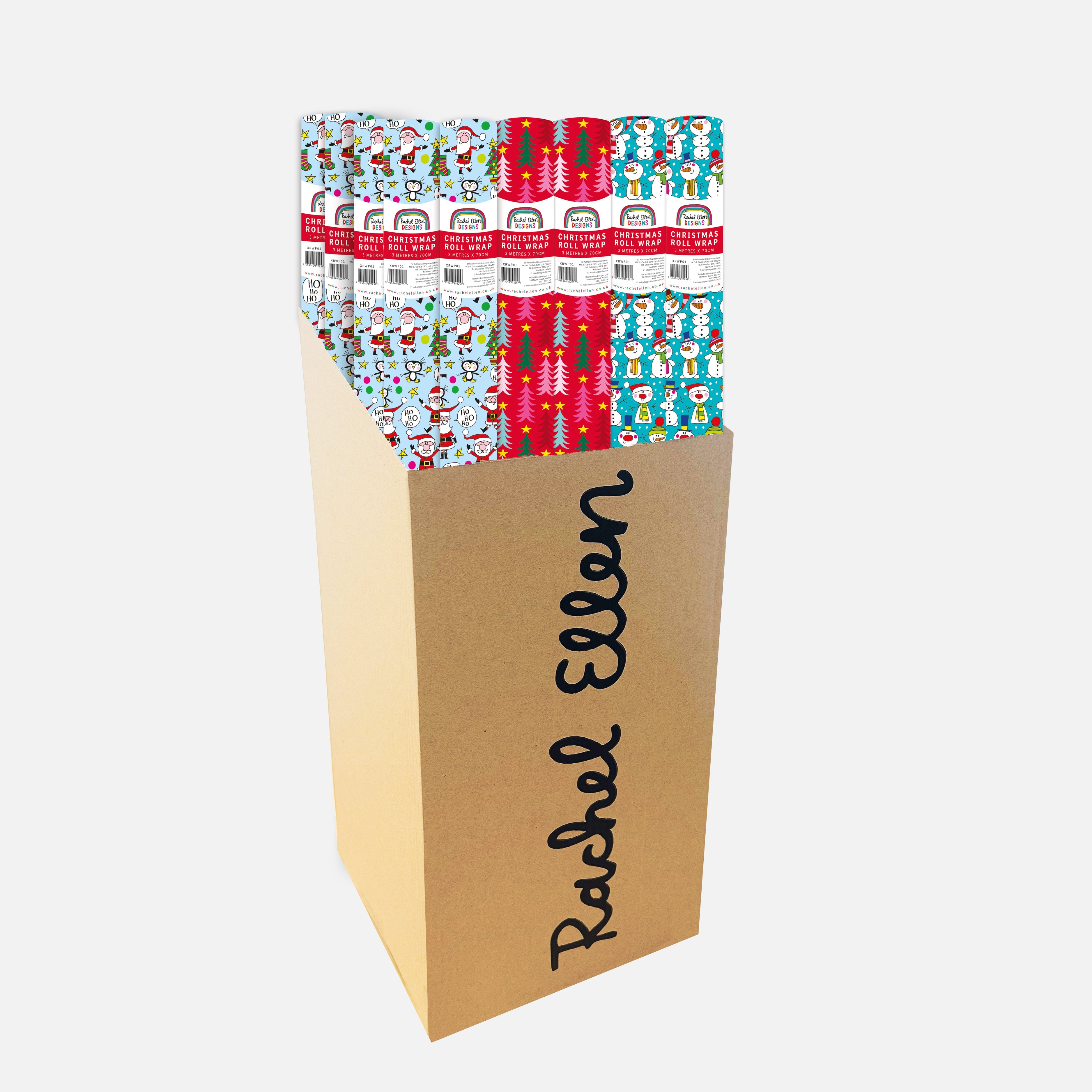 36 rolls of Christmas wrap (12 each of 3 designs) supplied in a retail bin