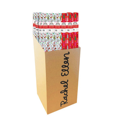 36 rolls of Christmas wrap (18 each of 2 designs) supplied in a retail bin